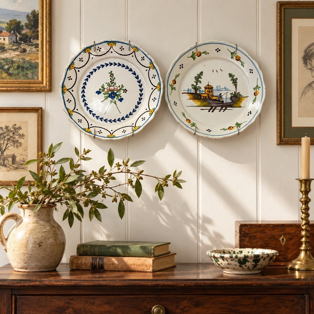 Vintage White Scalloped Ceramic Wall Plates, Set of 2 Floral & Scenic